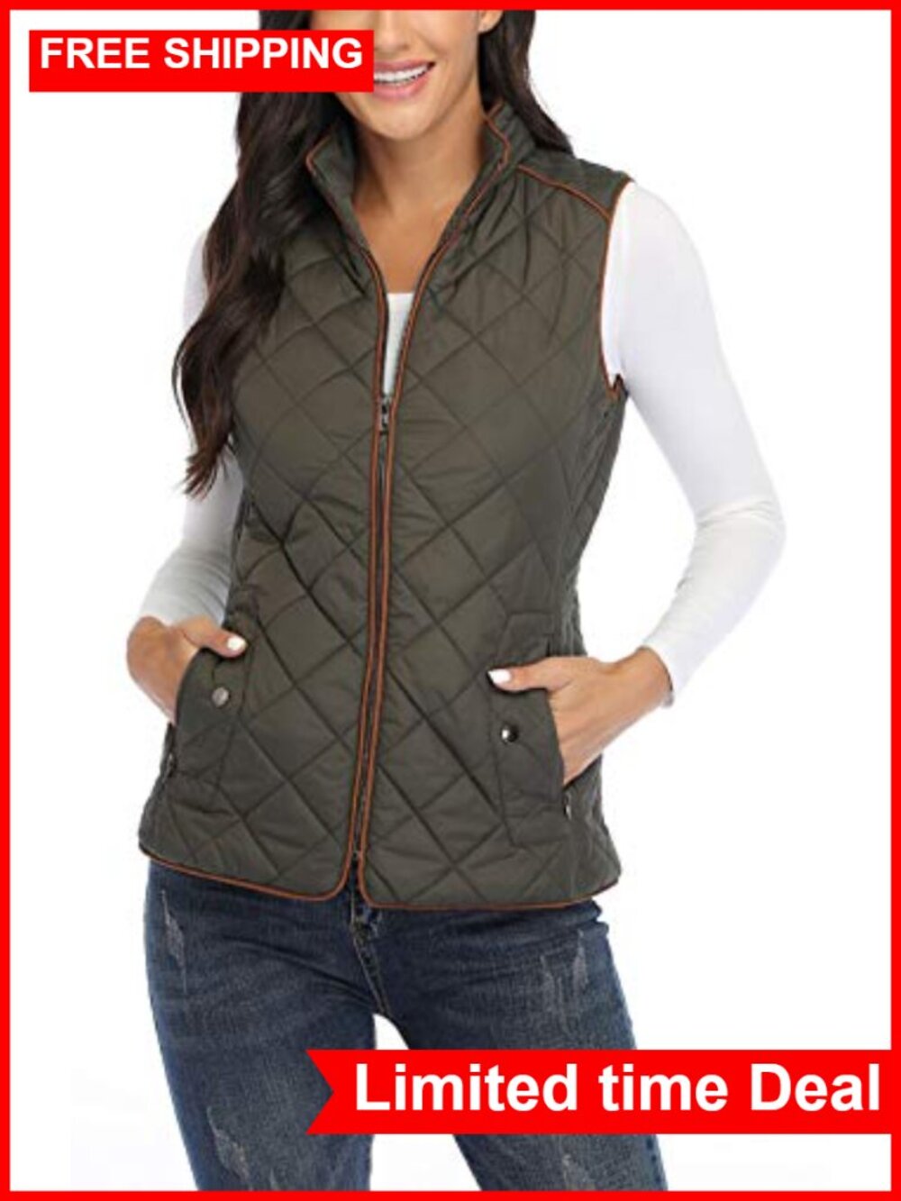 Women's Quilted Padded Vest Lightweight Zip Up Puffer Gilet with Pockets
